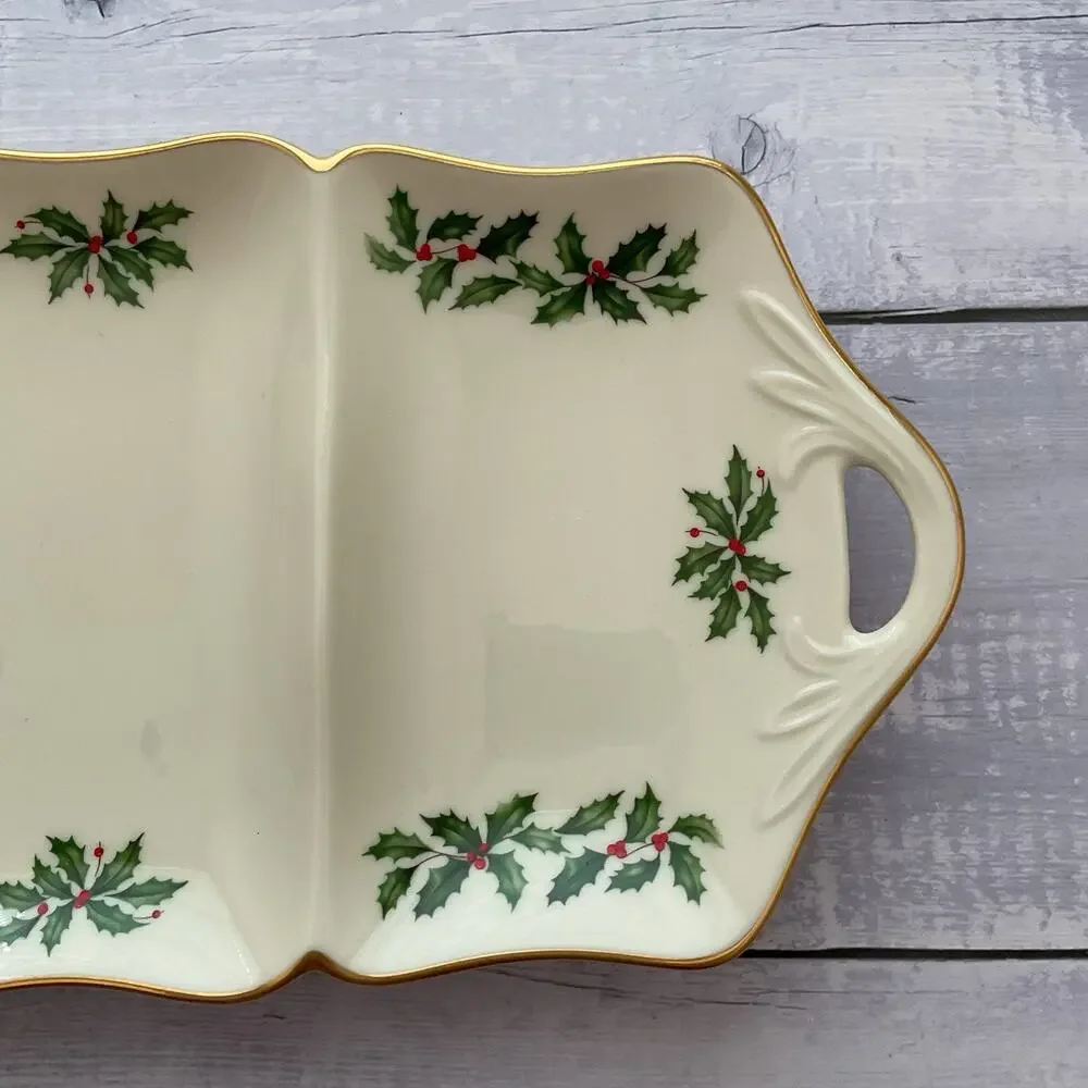 Lenox Holiday Dimension Christmas Relish Tray Divided Rectangular Holly Berries